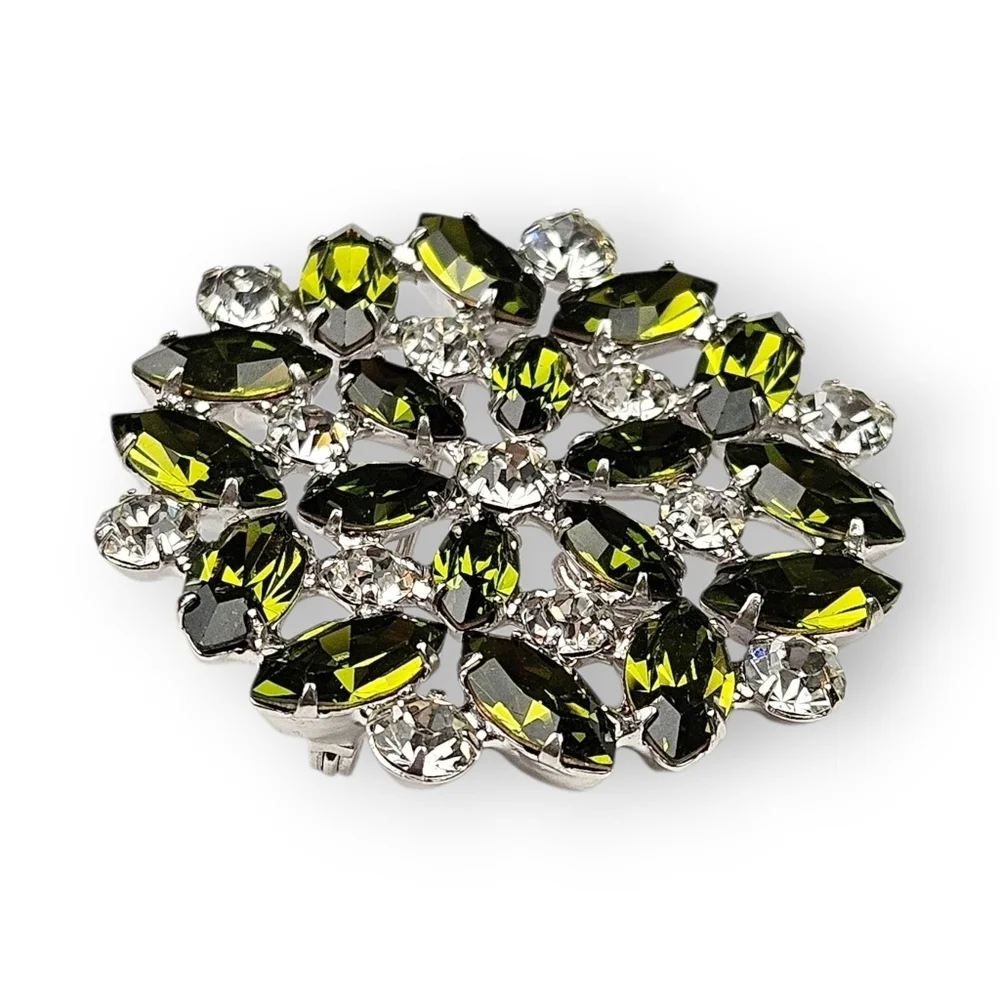 Vintage Rhinestone Flower Brooch Green White Rhodium Plated Snowflake B David